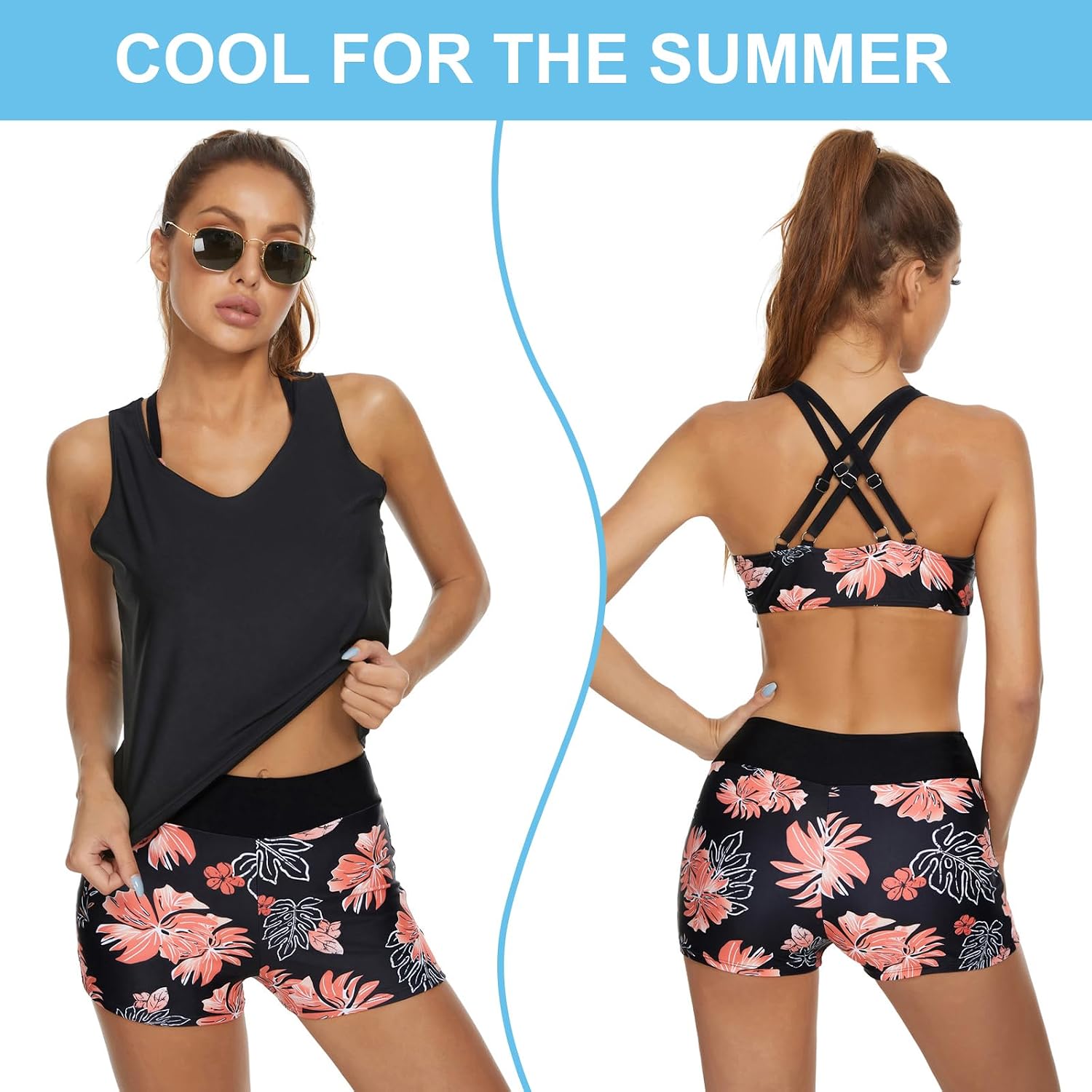 Detalle de JASAMBAC 3 Piece Tankini Swimsuit for Women: Tank Top, Bikini Top and Boyshort Set