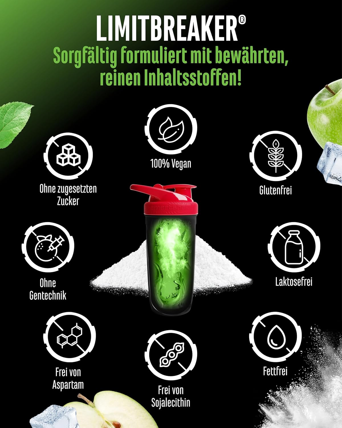 Detalle de LIMITBREAKER® Pre Workout Booster mit Koffein 300 mg – Sour Green Apple, 360 g Pulver