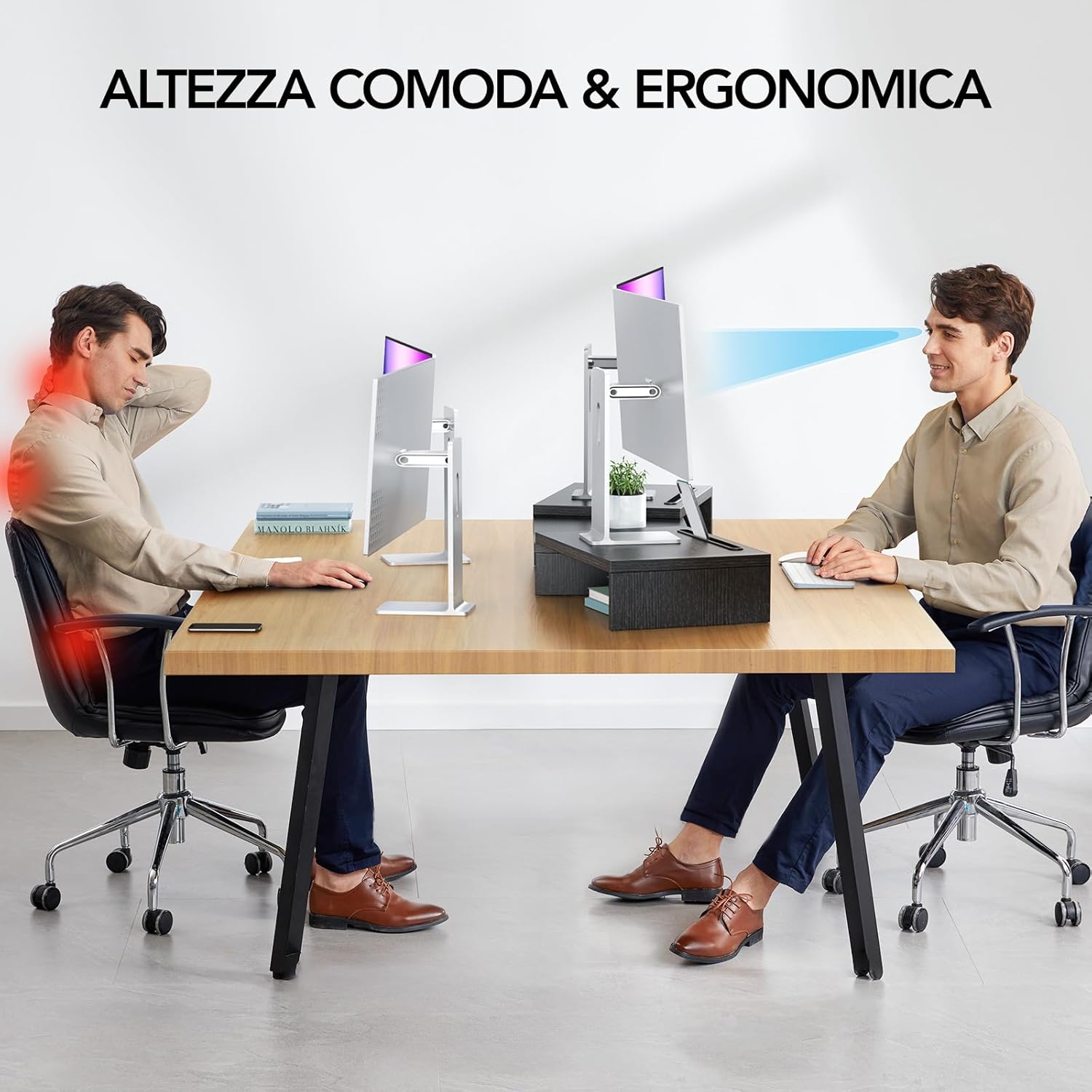 Detalle de HUANUO Supporto Monitor Scrivania Doppio – Rialzo regolabile per 2 monitor, con scomparti multipli