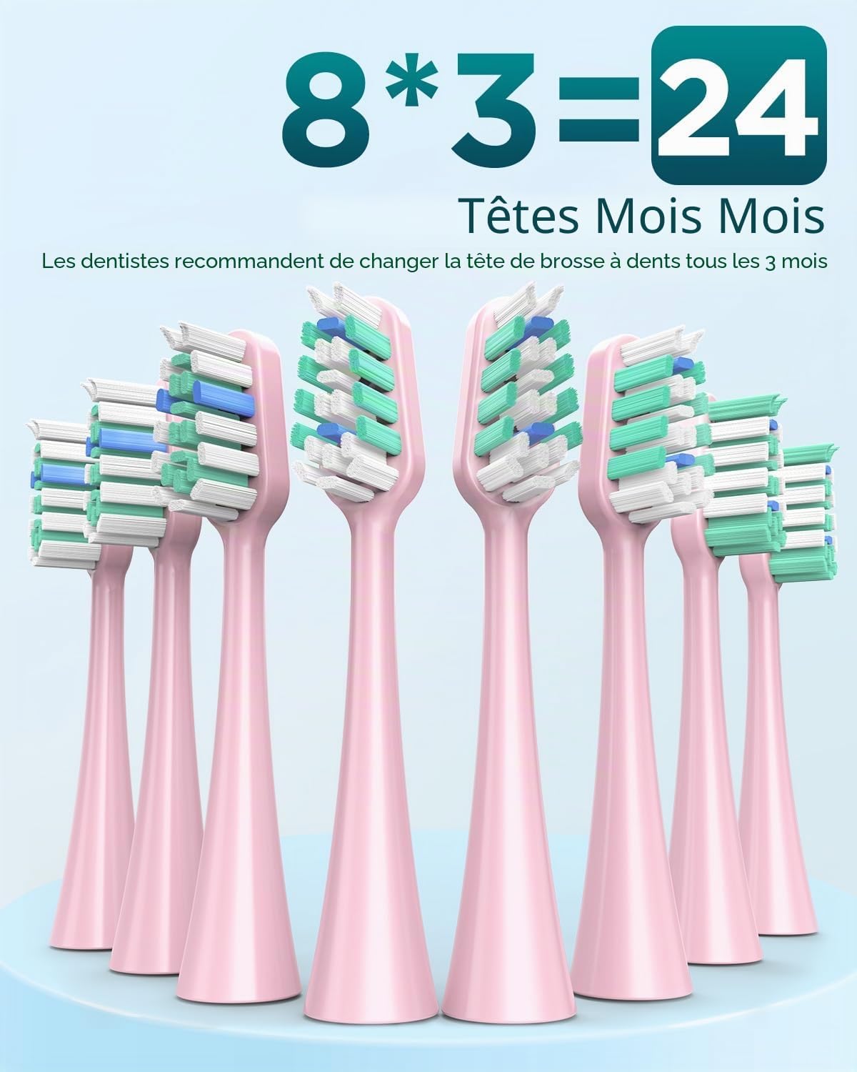 Detalle de Brosse à dents électrique sonique pour dents sensibles (adultes & enfants) Rose Bonbon — 5 modes, 8 têtes et étui de voyage, IPX7