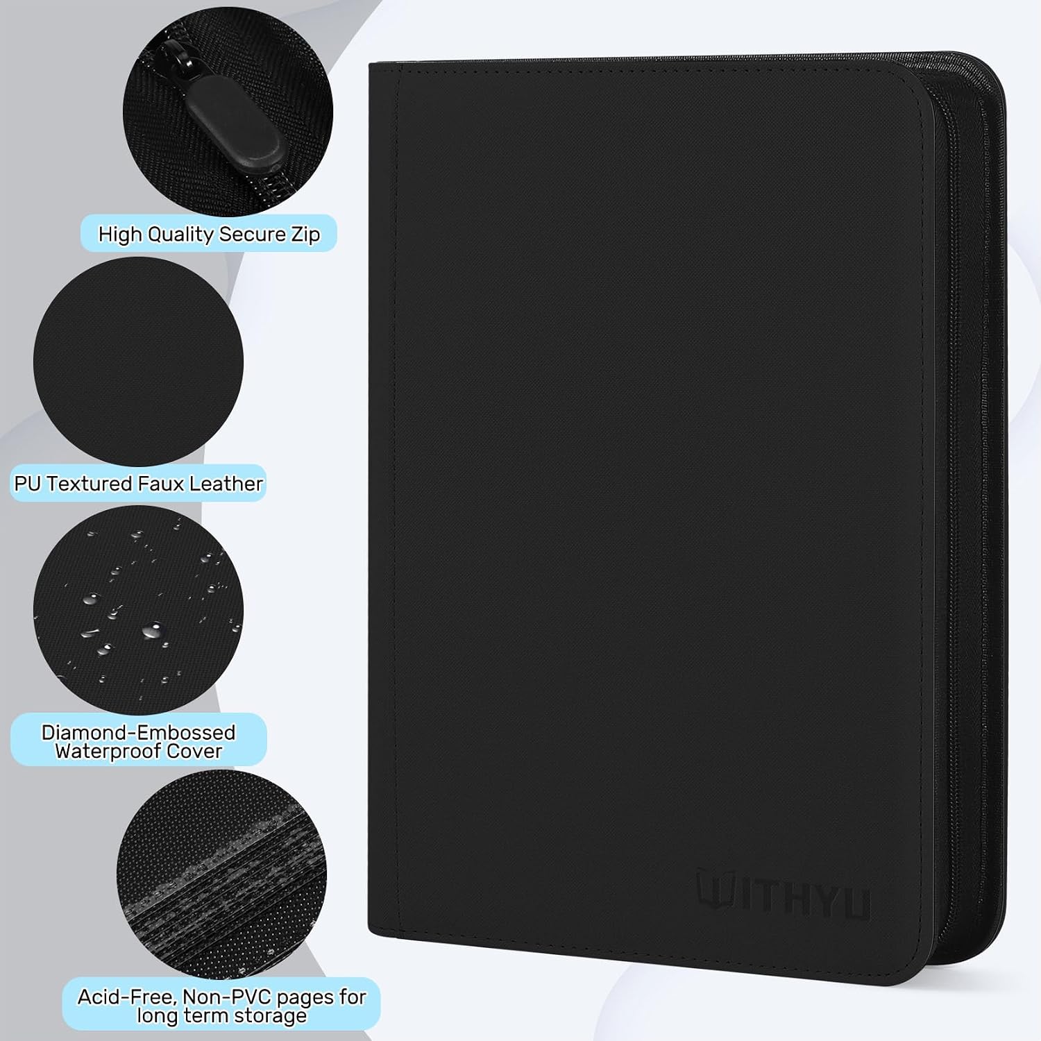 Detalle de WITHYU Card Binder 16 Pocket (Zippered, Ringless & Side-Loading) for 1024 Trading Cards – Black