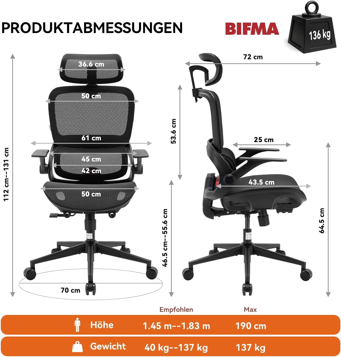 Detalle de SIHOO B100 Ergonomischer Bürostuhl – dynamische Lendenstütze, breite Kopfstütze und klappbare Armlehnen