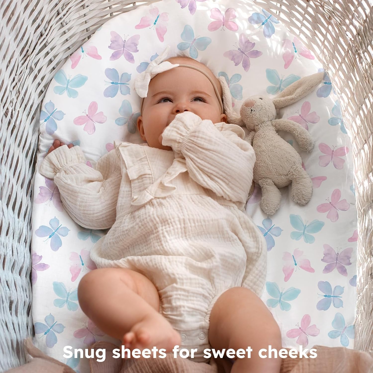 Detalle de FIEMOL Baby Moses Basket Sheets (3 Pack) – 81x41 cm fitted pram sheets in pink butterfly print