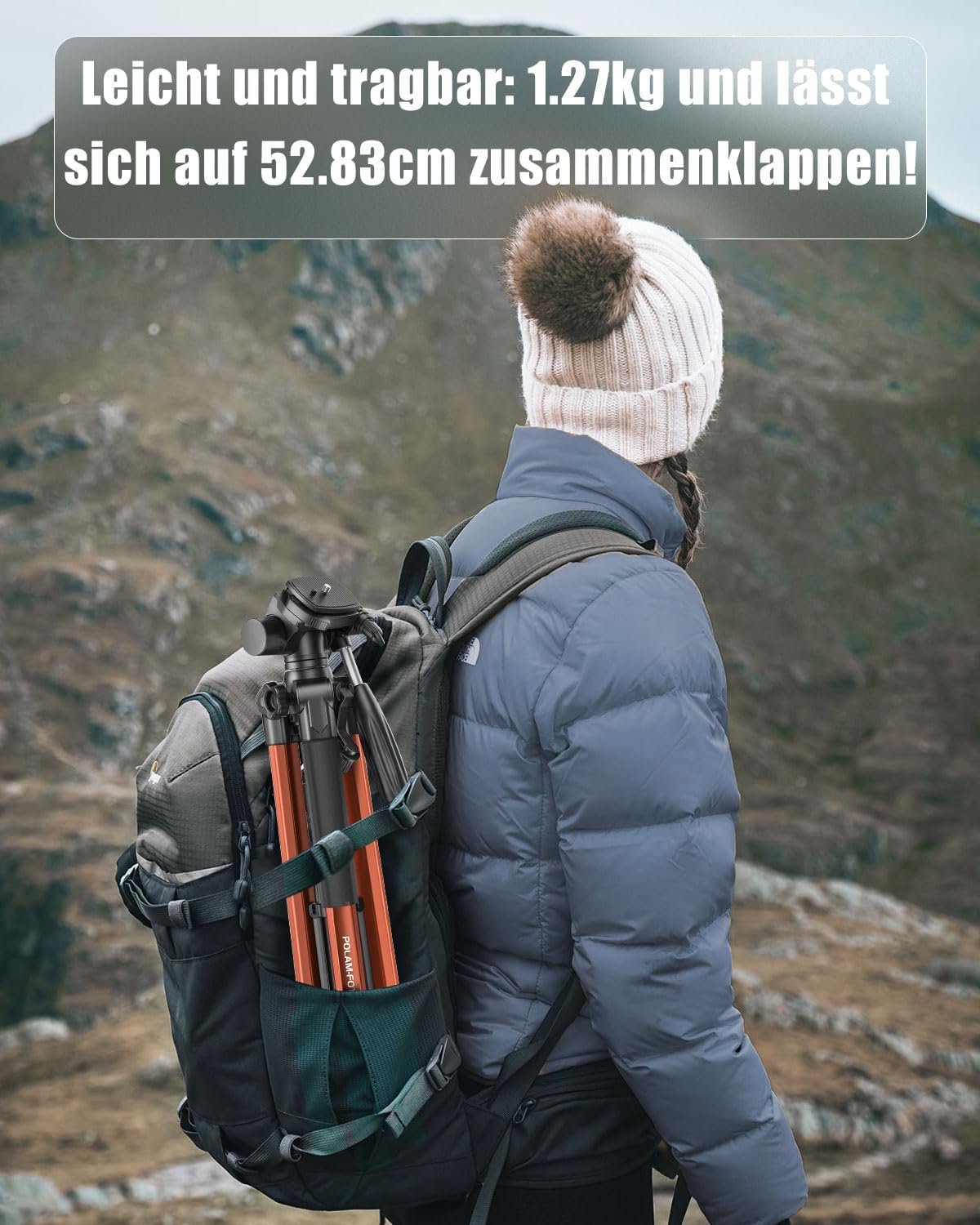 Detalle de POLAM-FOTO Kamera Stativ 188 cm – Reisestativ mit Tragetasche, Aluminium, orange