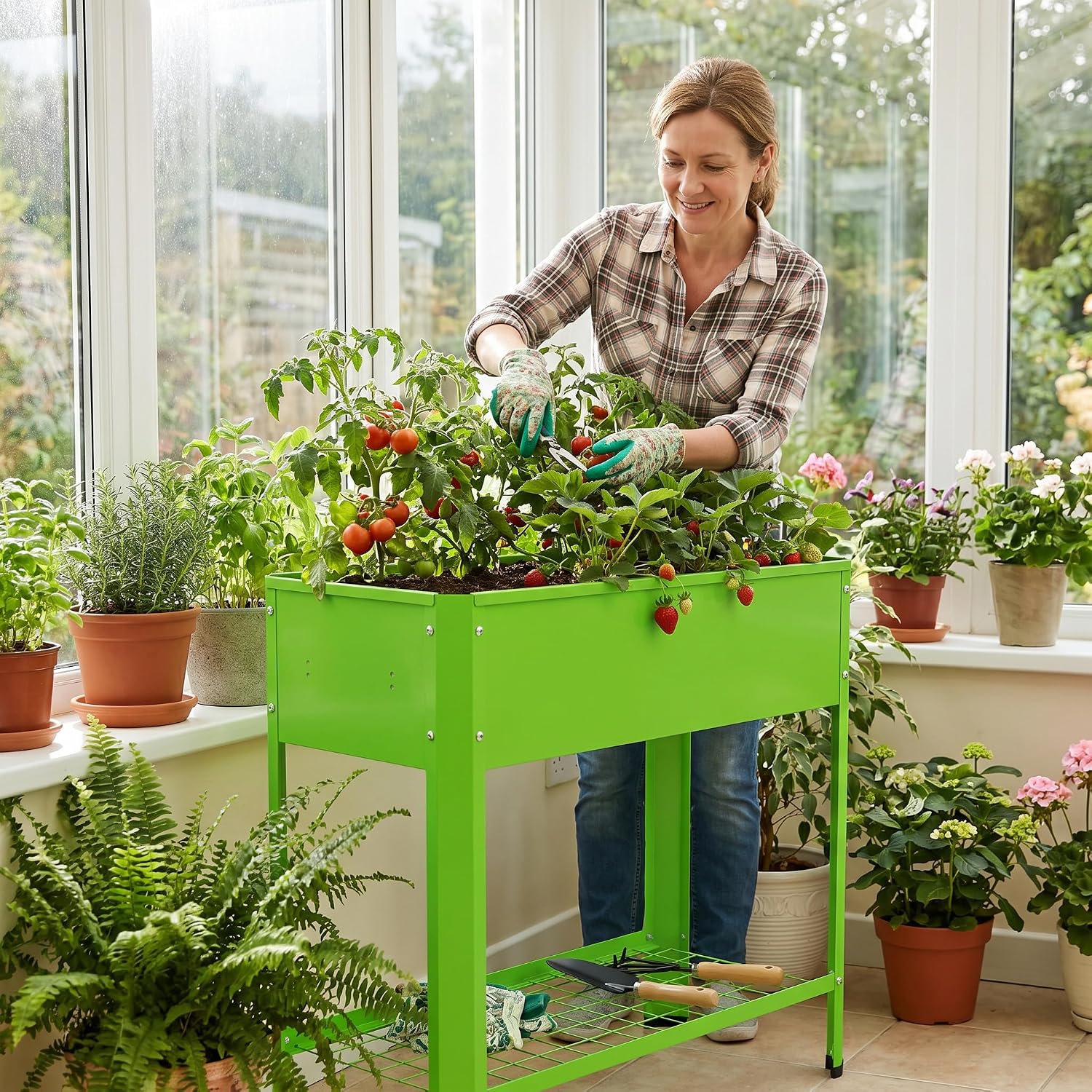 Thumbnail 6 de UISEBRT Raised Bed with Shelf, Green Metal Planter, 80 x 35 x 80 cm