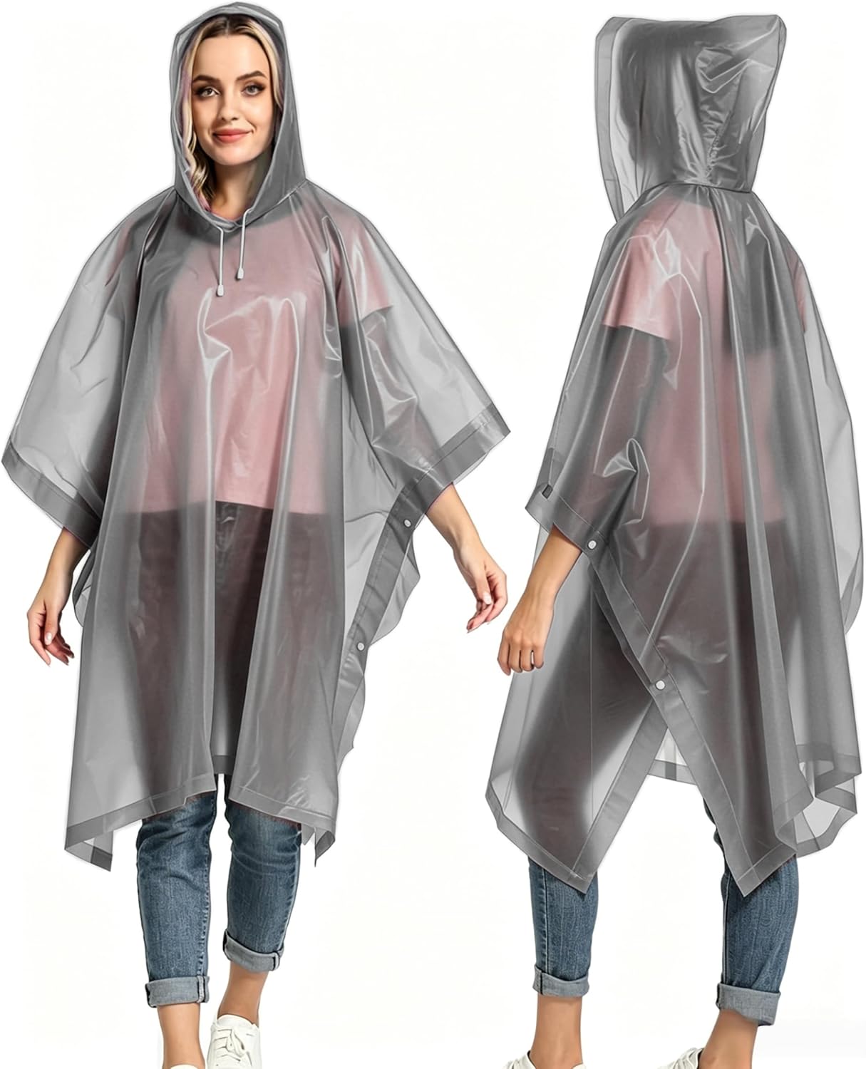 Detalle 2 de Wasserdichter Regenponcho, Leicht & Wiederverwendbar – 2 Stück mit Kapuze, Tragbar