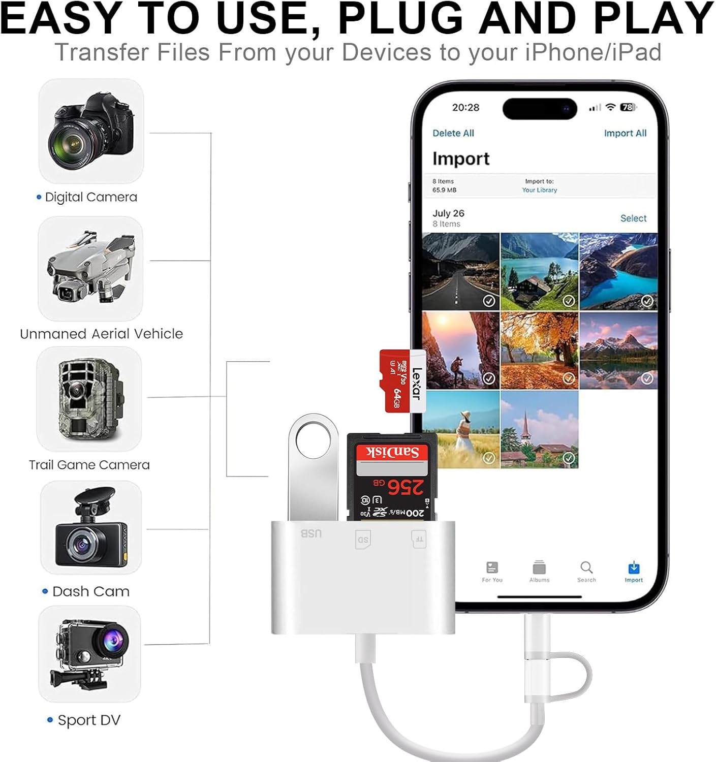 Thumbnail 2 de [Apple MFi Certified] 3-in-1 SD Card Reader for iPhone & USB-C devices — 3 Ports in one compact reader