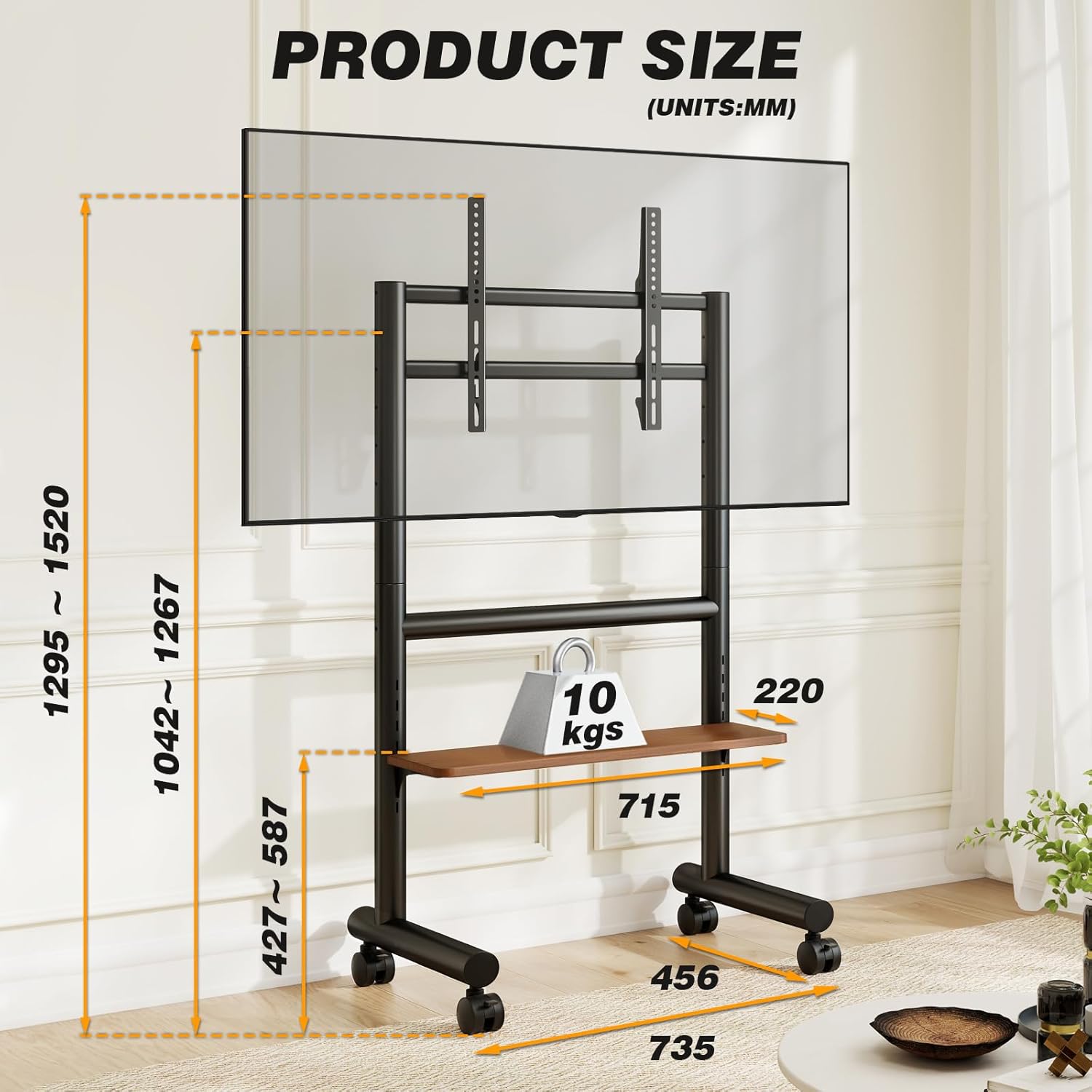 Thumbnail 4 de Support TV mobile 5Rcom sur roulettes (40 à 85 pouces) avec étagère et 60 kg – cadre noir
