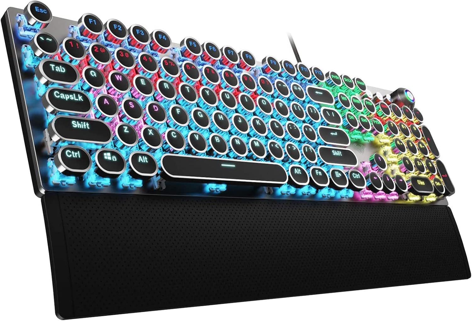 Detalle de AULA F2088 Typewriter-Style Mechanical Gaming Keyboard with Blue Switches, Media Knob & Removable Wrist Rest (108-key wired, black)