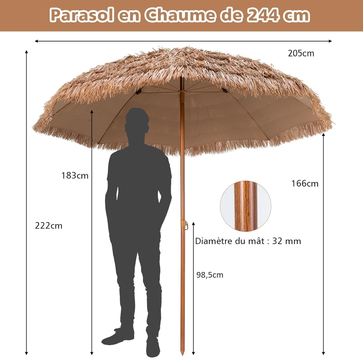 Thumbnail 1 de GOPLUS Parasol de Jardin Exterieur en Chaume PP – 2,4 m, style hawaïen avec toit, 8 baleines, 7 couches