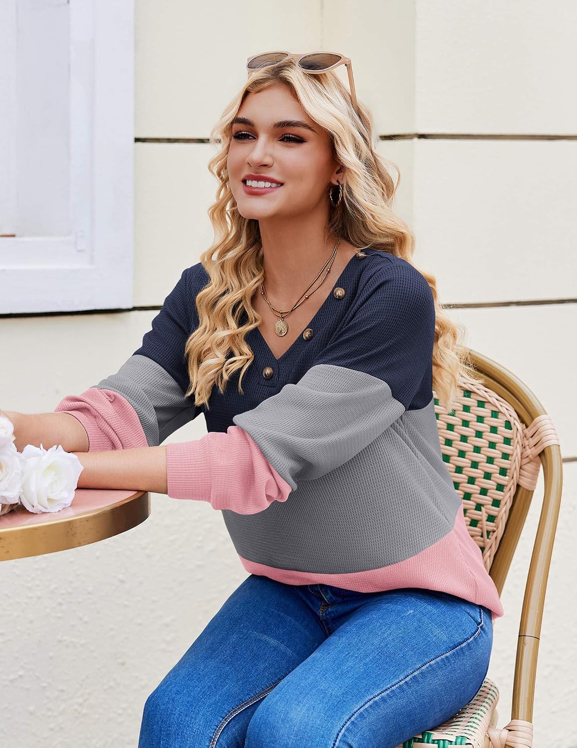Thumbnail 4 de Zeagoo Waffle Knit V-Neck Tunic Top 🔖