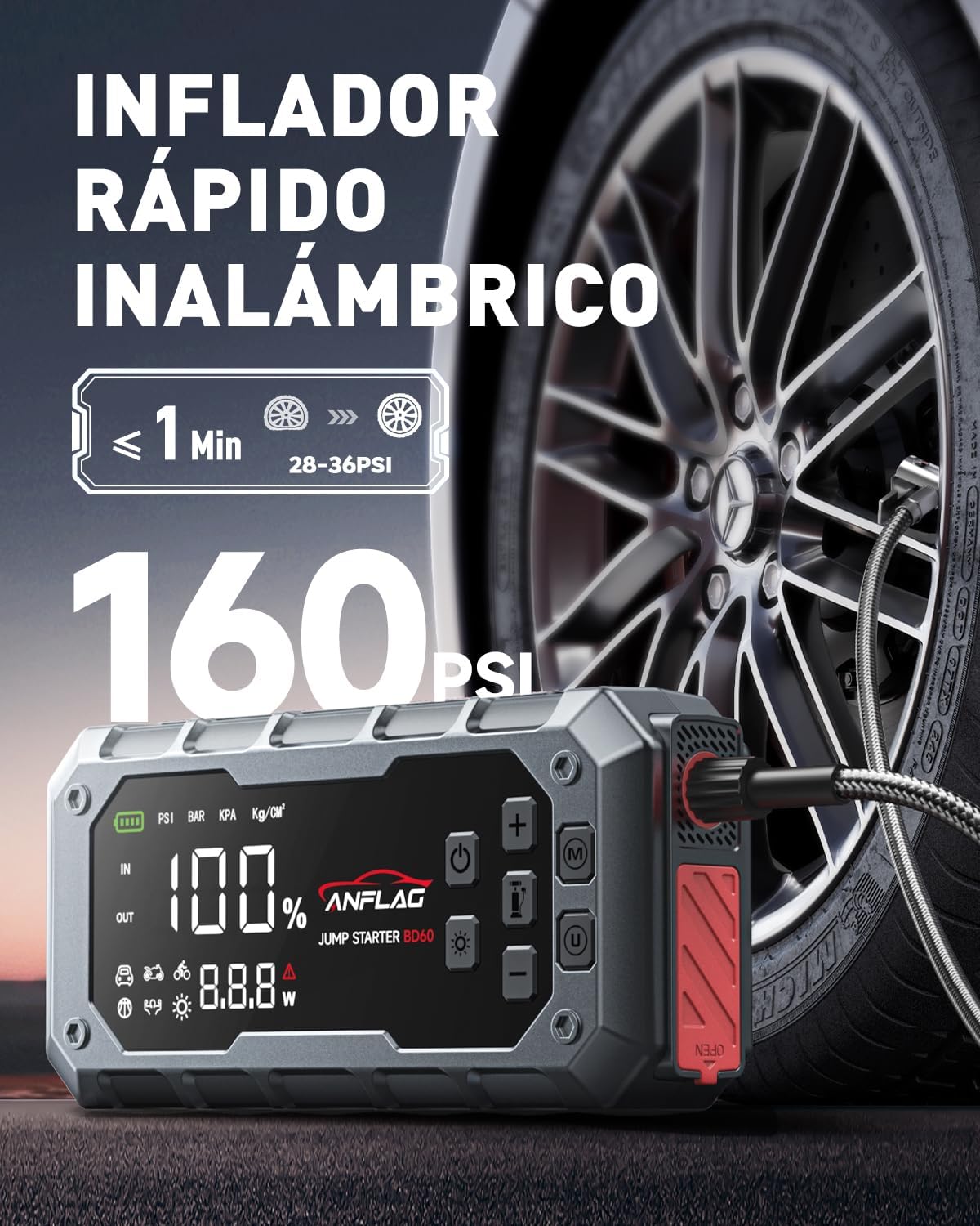 Detalle de ANFLAG 8000A Arrancador 26800mAh 160PSI