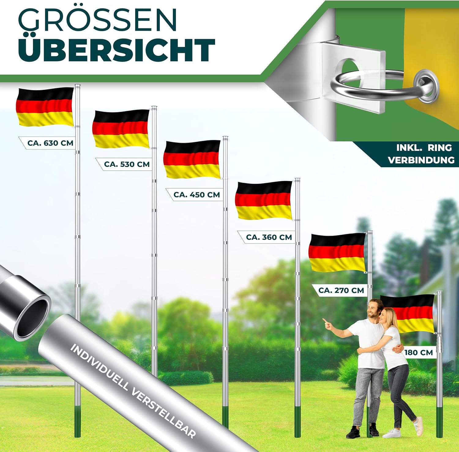 Detalle de KESSER® Teleskop Fahnenmast aus Aluminium, 6,30 m inkl. Bodenhülse (60 cm) & Deutschlandflagge, höhenverstellbar
