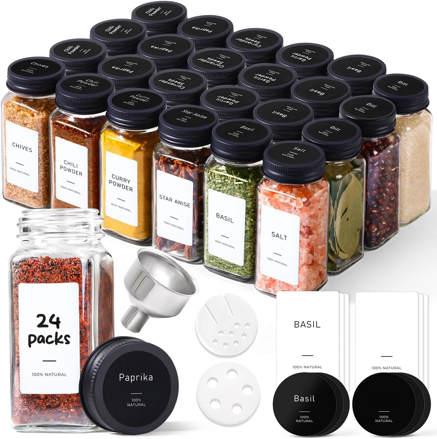 Detalle de ComSaf Aesthetic Minimalist Glass Spice Jars with Labels — 24 Pcs, 4oz with 93 Labels and Extras