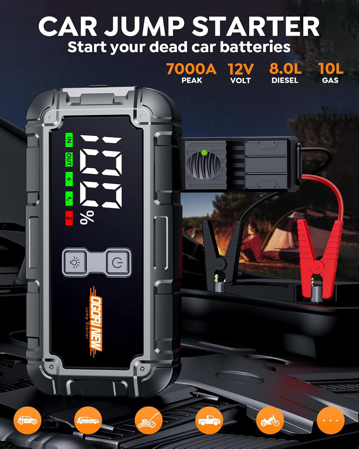 Detalle de OGORI 7000A Jump Starter Power Pack with LCD screen and LED emergency light for 12V vehicles