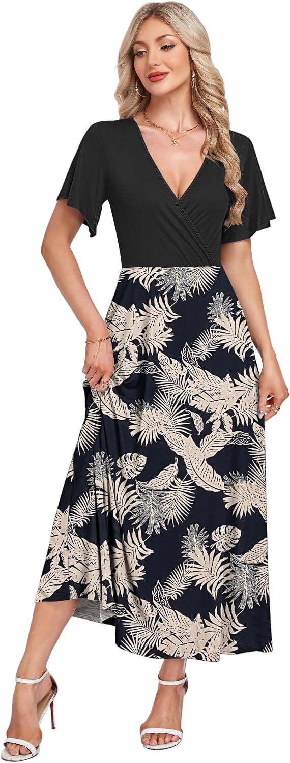 Detalle de AUSELILY Maxikleid Damen – Sommerliches, lockeres Maxi-Kleid mit V-Ausschnitt und Taschen