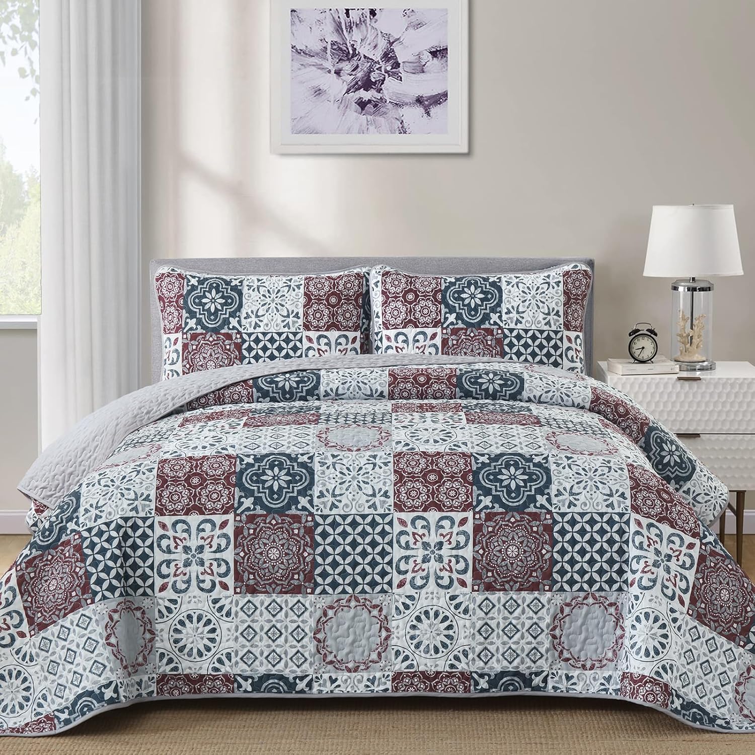 Thumbnail 1 de Dobuyly Patchwork Quilt Set Queen Size Boho Plaid Bedspread - 3 Pieces, Red Grey, Microfiber