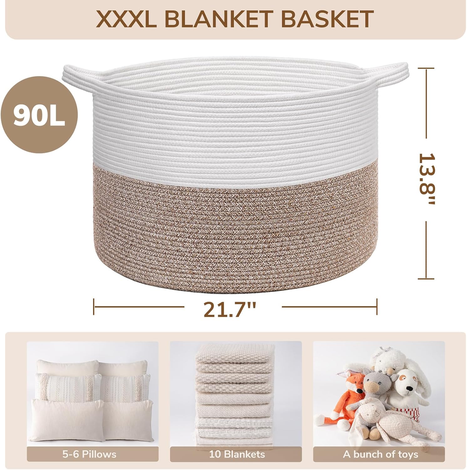 Thumbnail 6 de INDRESSME XXXLarge Woven Rope Storage Basket, 90L Cotton with Handles