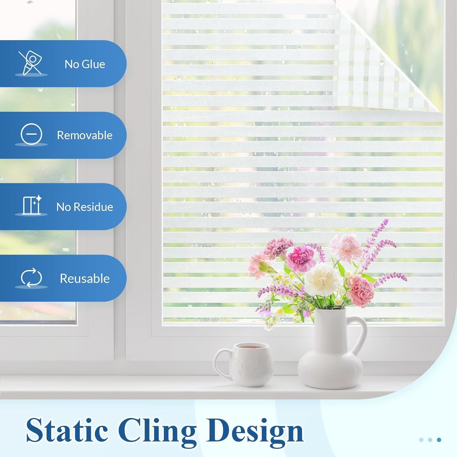 Detalle de DOWELL Privacy Window Film with Classic Stripes & Blinds Pattern (60x200cm) — static cling, anti-UV, temporary privacy