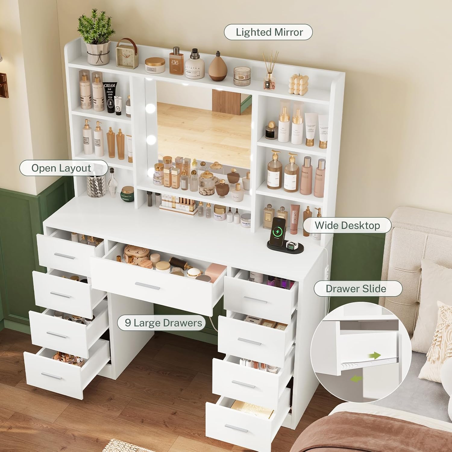 Detalle de FIONESO vanity Vanity Desk with Mirror, 9 Drawers, 6 Shelves and Lights