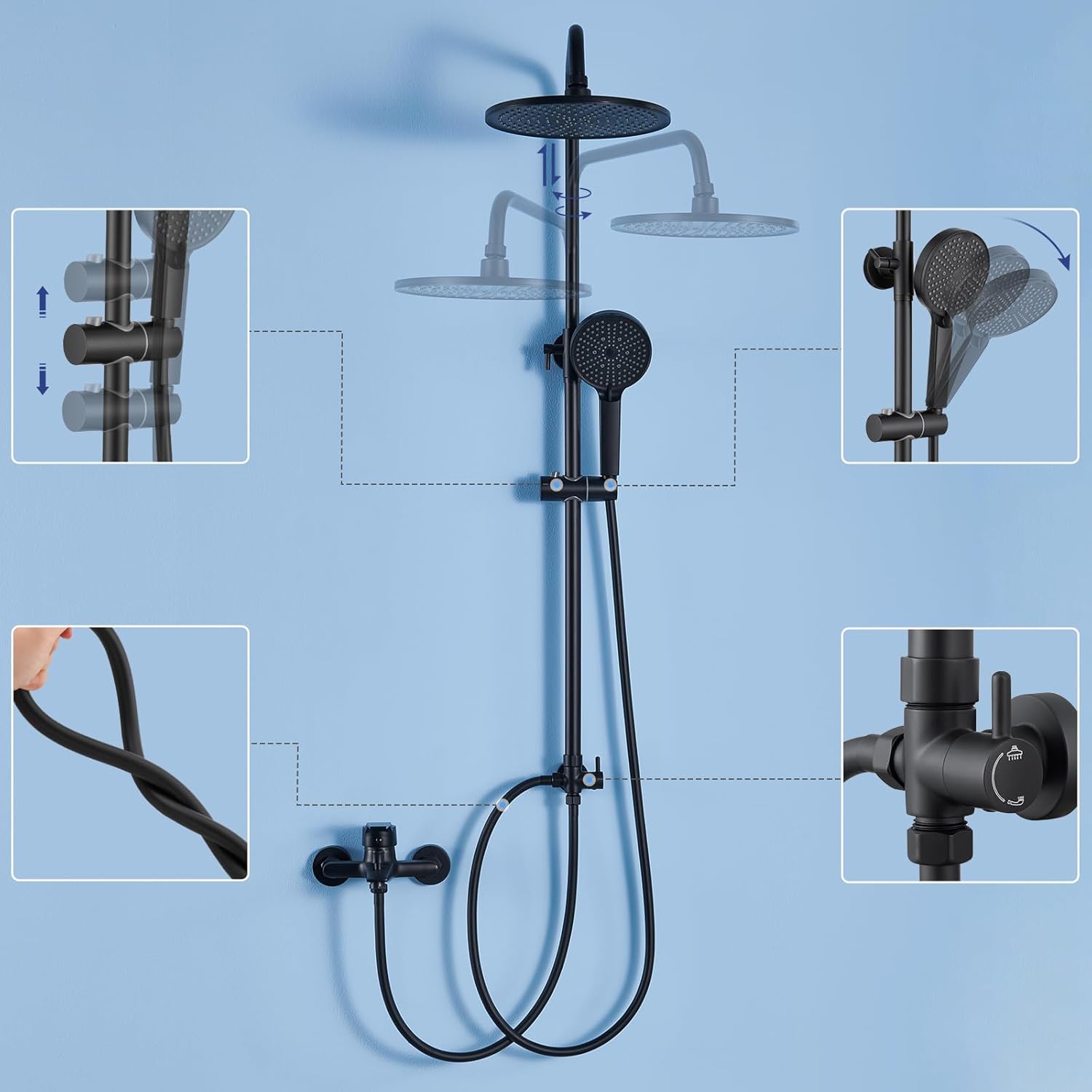 Thumbnail 6 de Auralum Colonna Doccia senza Miscelatore: set doccia con soffione da 25 cm, doccetta 4 getti e asta regolabile in acciaio inox - Nero