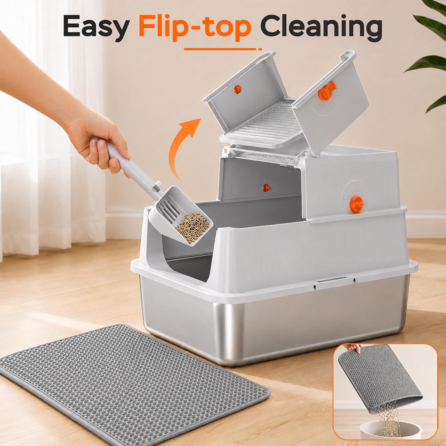 Detalle 1 de Devopet Small Enclosed Stainless Steel Cat Litter Box with Carbon Filter and Mat