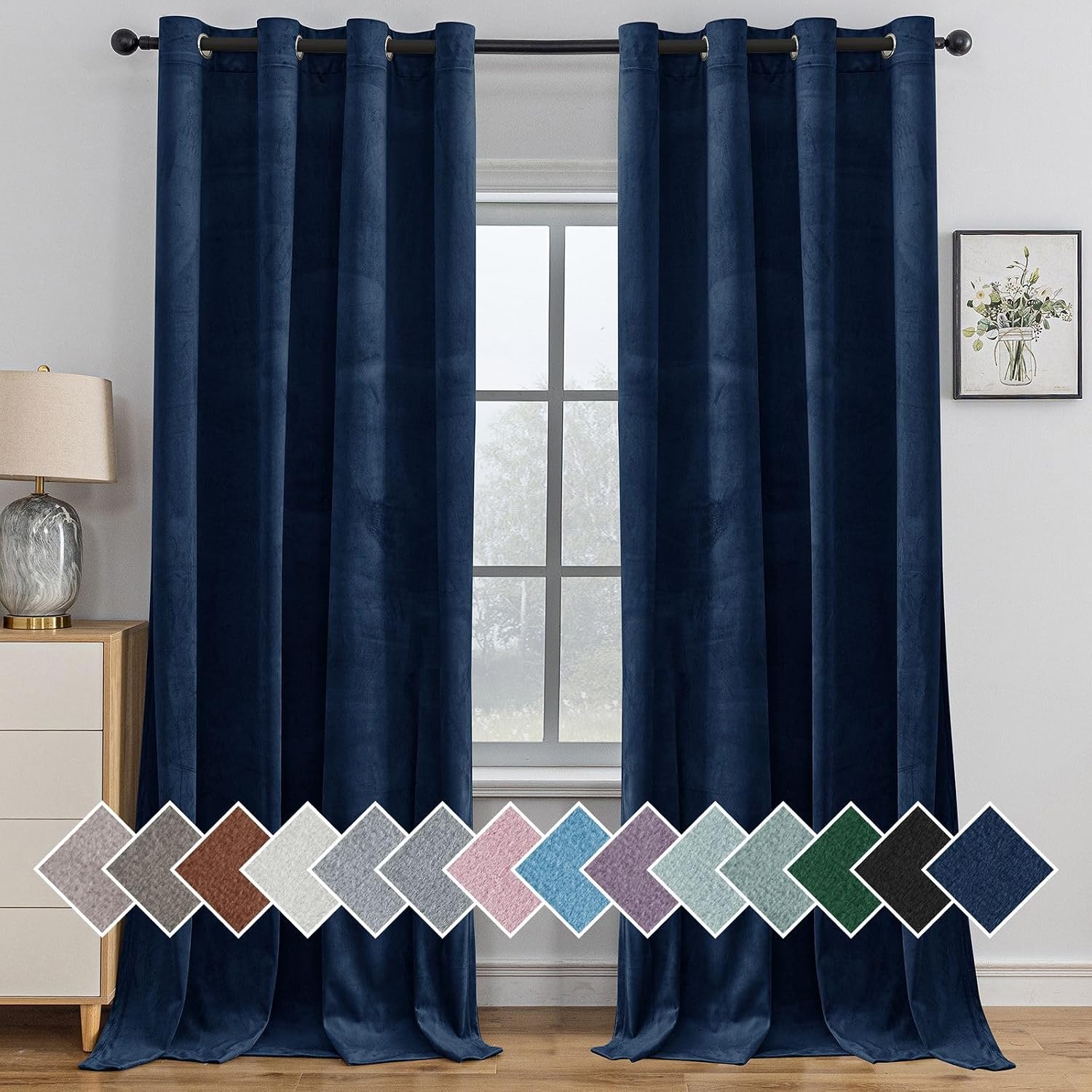 Detalle de Ystyle Rideau occultant en velours, lot de 2 panneaux 140x280 cm, bleu foncé