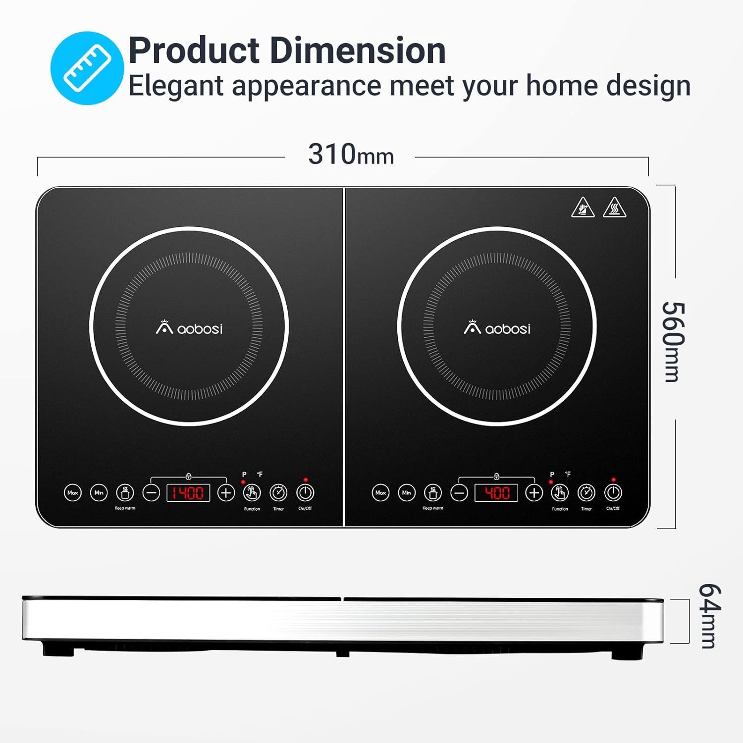 Thumbnail 6 de Aobosi Double Induction Hob with Black Glass Panel, 4-hour Timer & Safety Lock (2800W)
