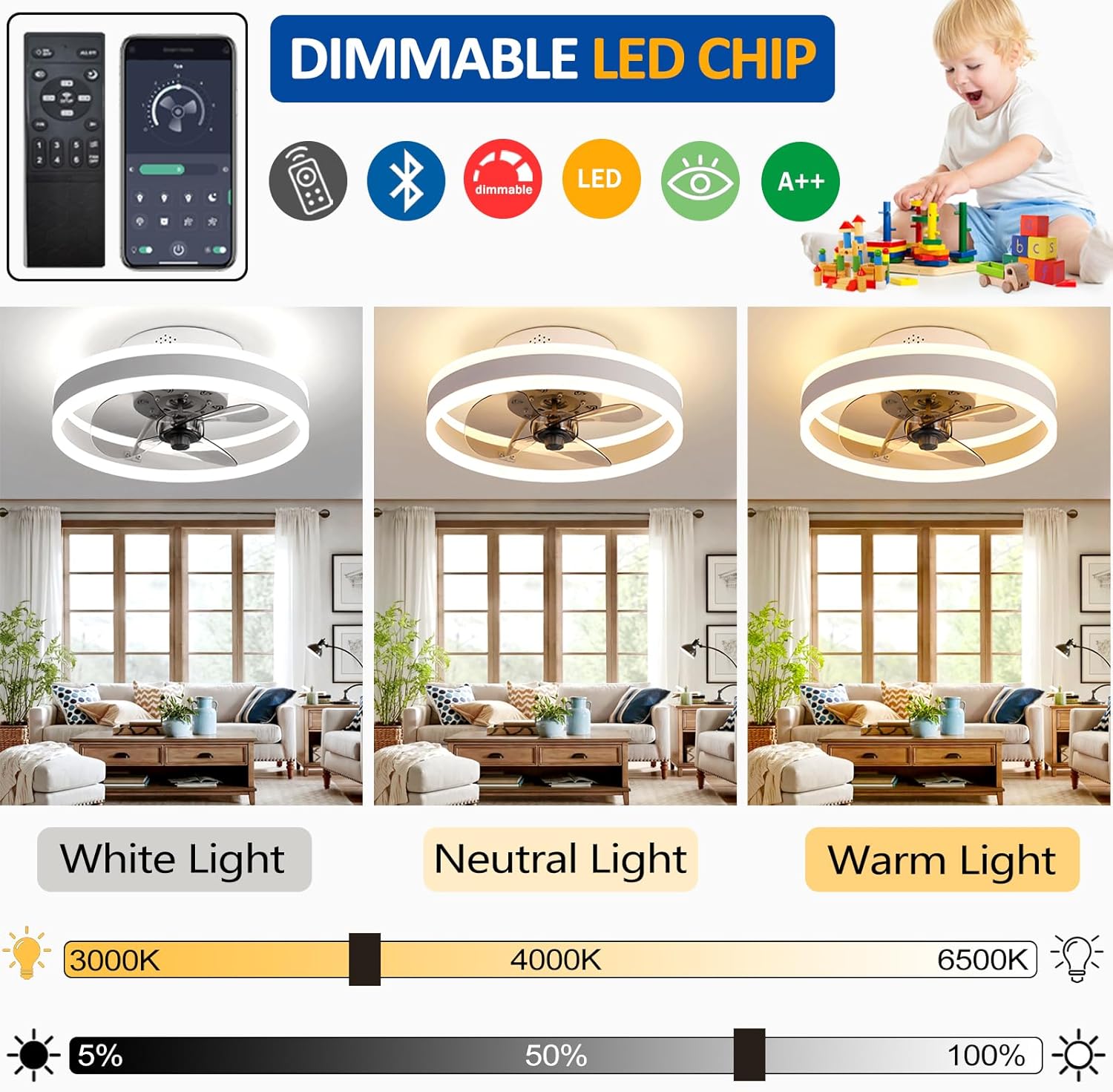 Thumbnail 2 de OMGPFR LED 2-in-1 Reversible Ceiling Fan with Light (Reversible Remote, 6 Speeds) – White, 40CM