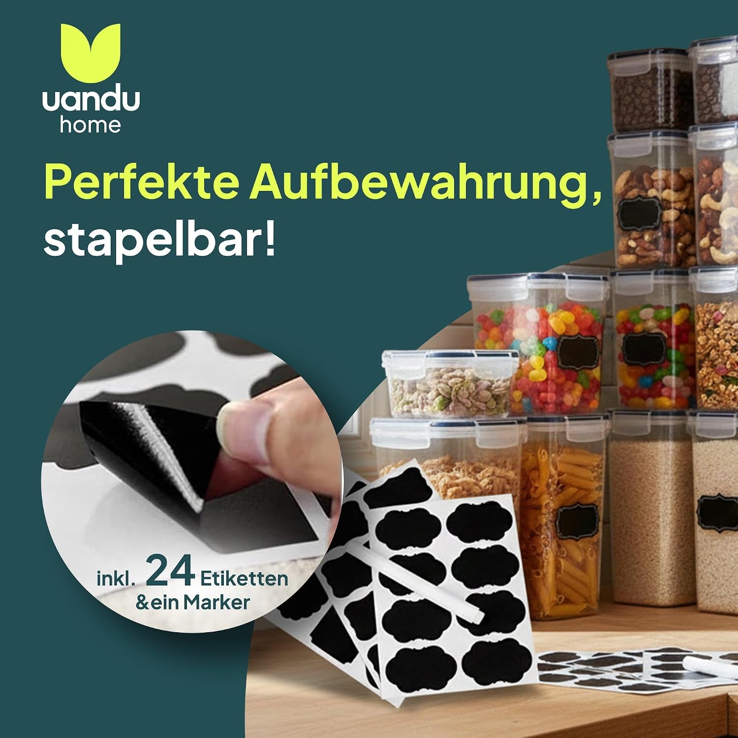 Detalle de uandu luftdichte Vorratsdosen mit Deckel – 24er Set BPA-frei (für Küche, inkl. Stift & Etiketten)