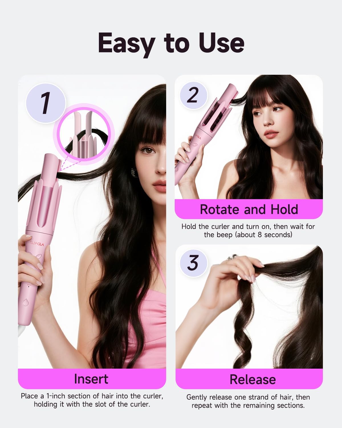 Detalle de TSUYAGLA T309-PINK Automatic Curling Iron, 1.25-Inch Barrel, Dual Voltage