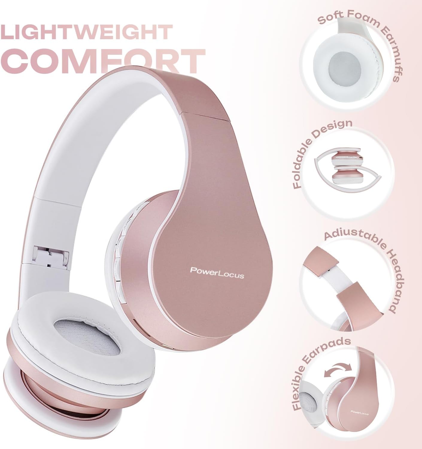 Thumbnail 1 de PowerLocus Wireless Bluetooth Over-Ear Headphones (Rose Gold) – Foldable, Noise Cancelling with Built‑in Microphone