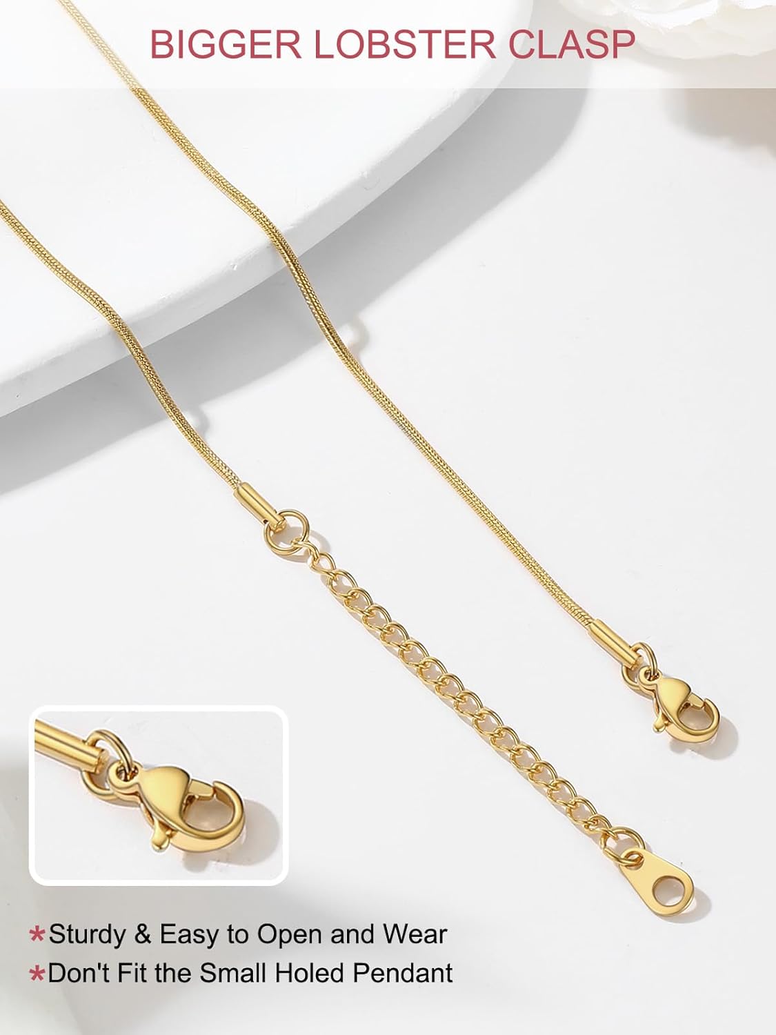 Detalle de FOCALOOK Collier Chaîne Serpent Femme Fine 1,2 mm en Acier Inoxydable – Argent / Plaqué Or / Noir / Or Rose, longueur 70 cm (+ 5 cm) – Parure légère