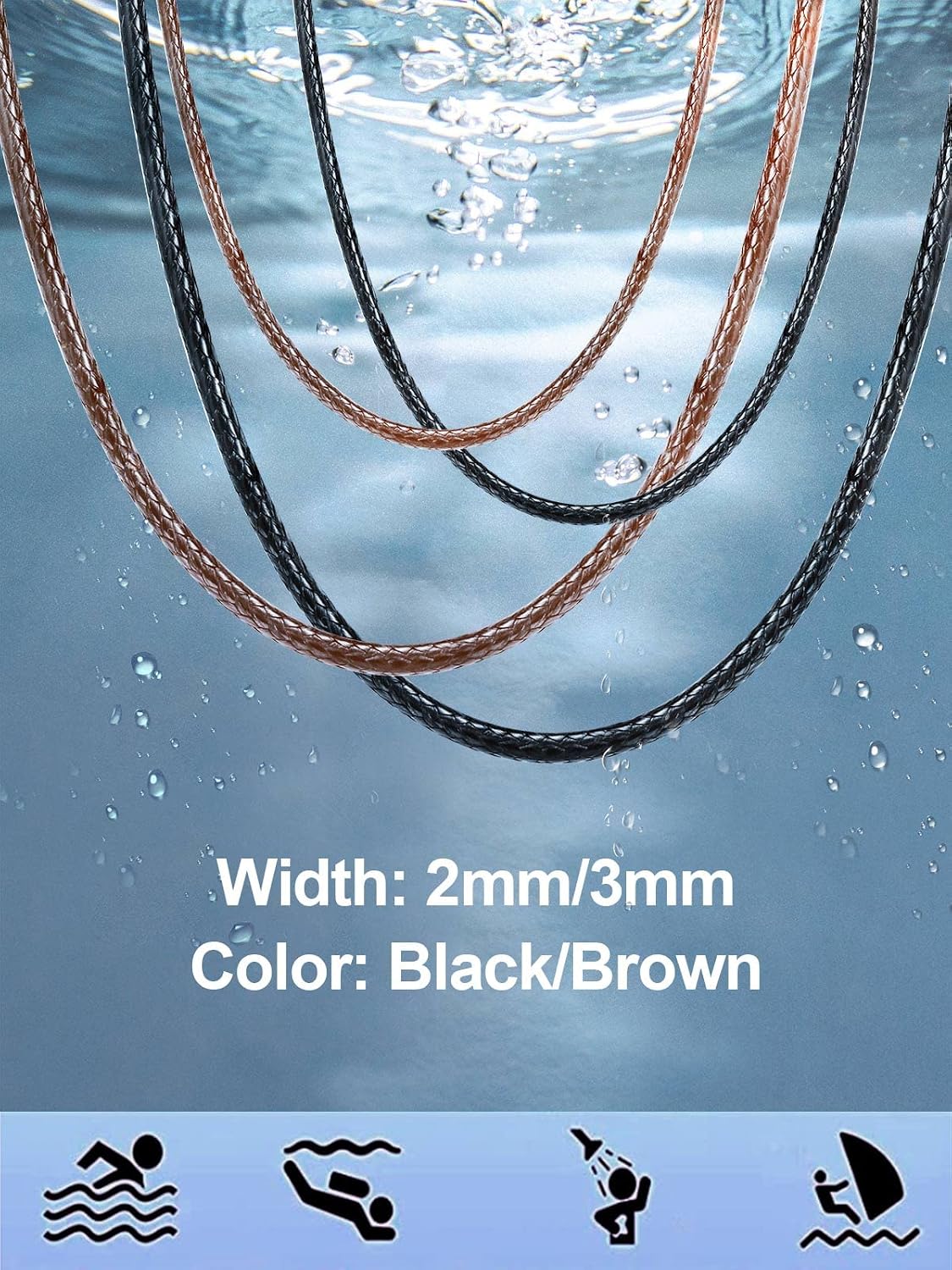 Thumbnail 4 de FindChic Lederkette 2/3 mm geflochten – Halskette aus Leder mit Edelstahlverschluss, 41–76 cm, Schwarz/Braun