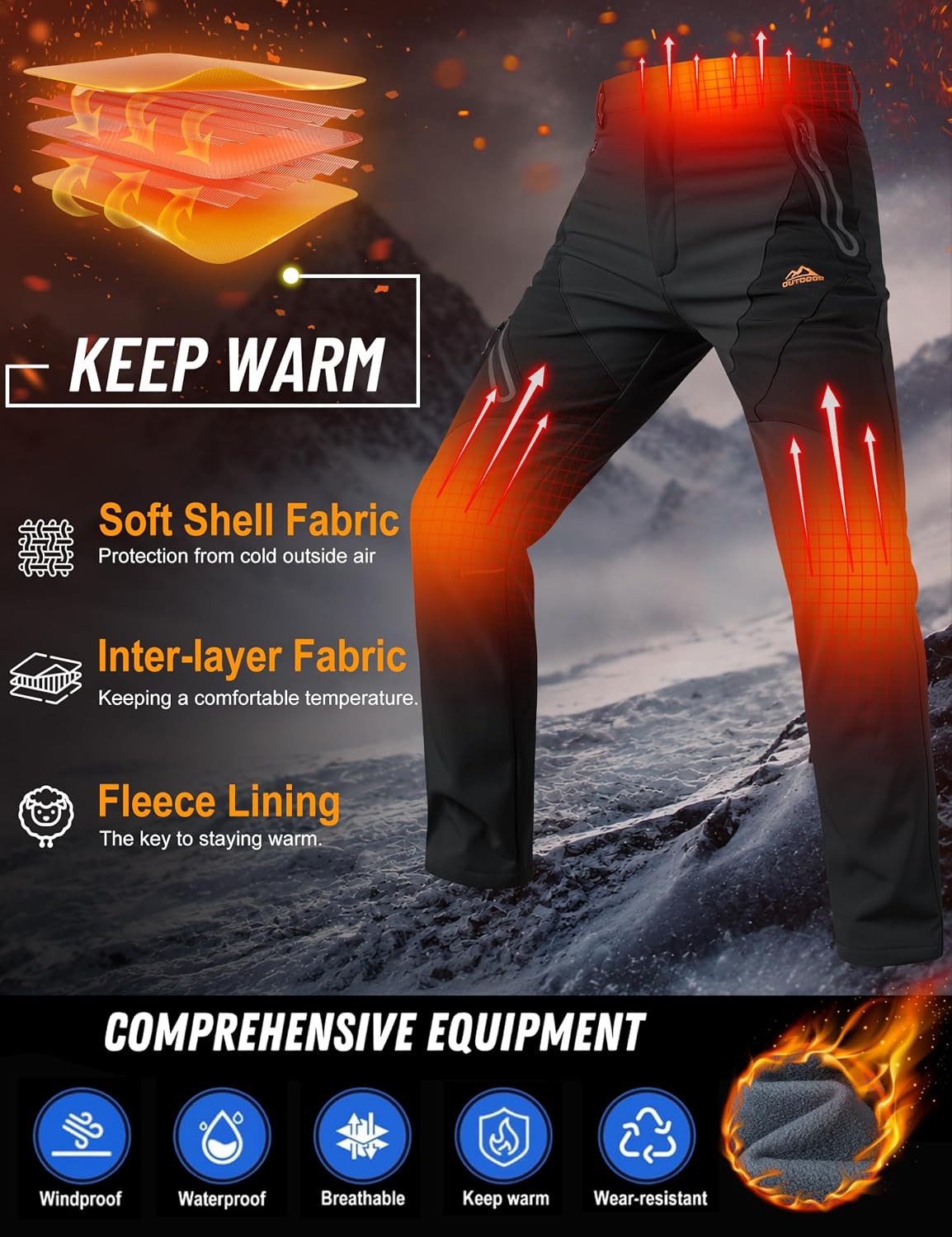 Detalle 1 de TACVASEN Men's Fleece-Lined Snow Pants, Waterproof Ripstop, 4 Zipper Pockets