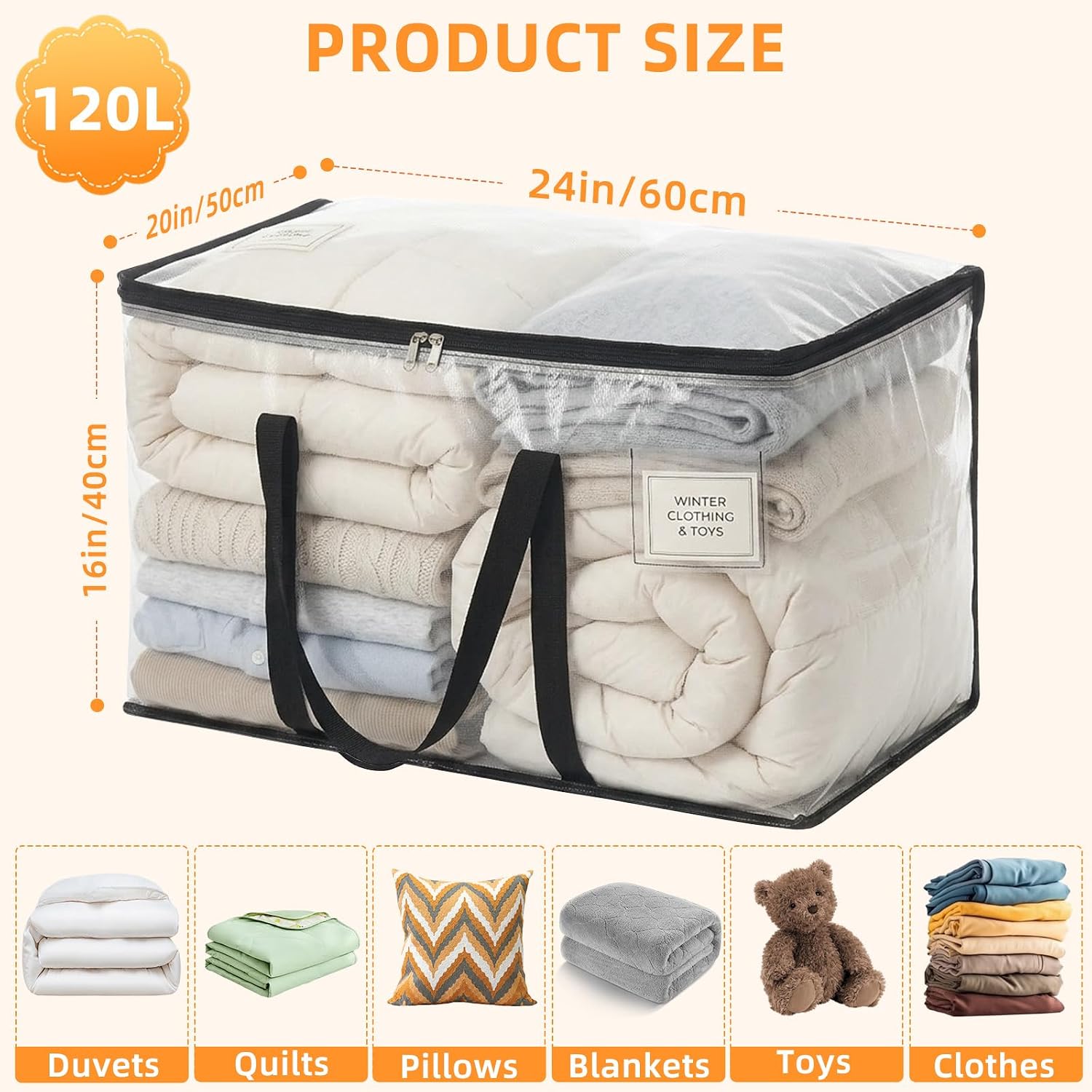 Thumbnail 1 de Clothes Bags Storage 120L Pack (6) with Zipper, Handles and Tag Pocket — Foldable Wardrobe & Moving Bags