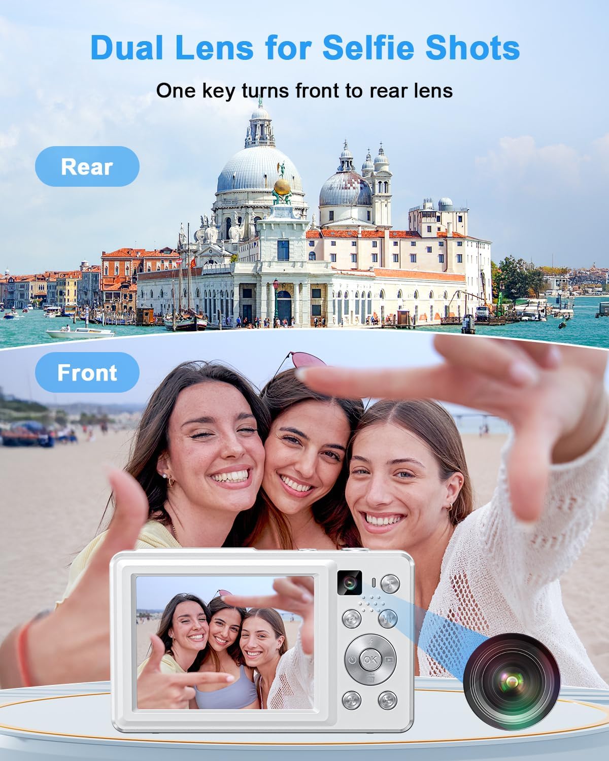 Detalle 2 de 4K Digital Camera (64MP Autofocus Point-and-Shoot) with Front & Rear Vlogging Cameras, Flash, 16X Zoom, 32GB Card