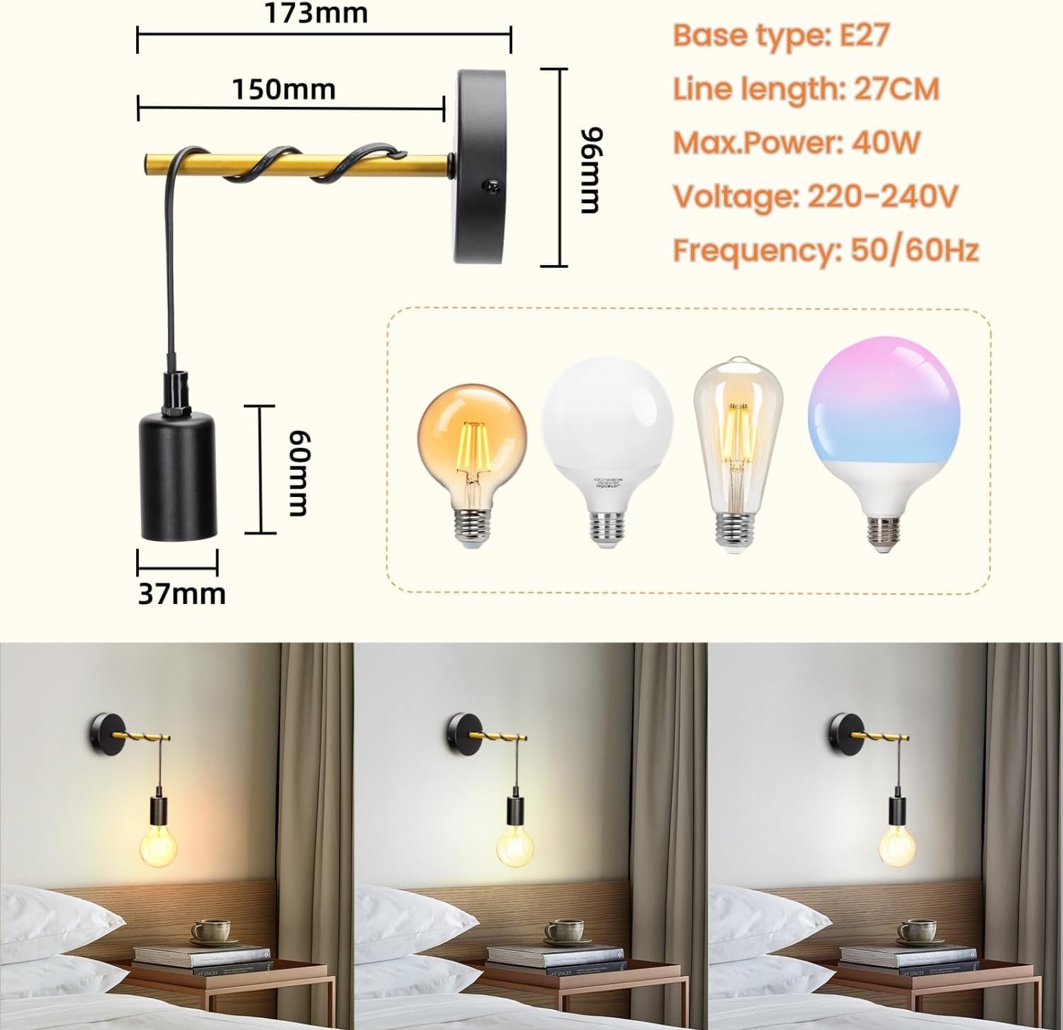Detalle 2 de Aigostar Aplique de Pared Interior E27 Generoso en Metal🖤 (Pack 2)