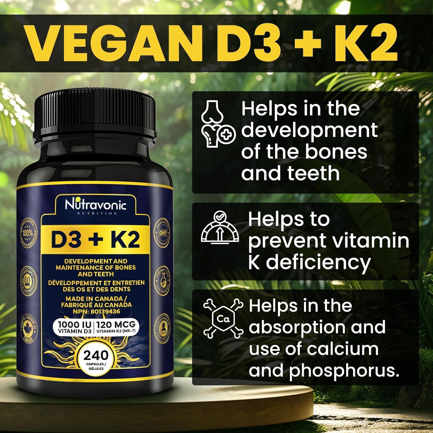 Detalle 2 de Nutravonic Nutrition Vitamin D3 + K2, 1,000 IU, MK-7, 350 Capsules