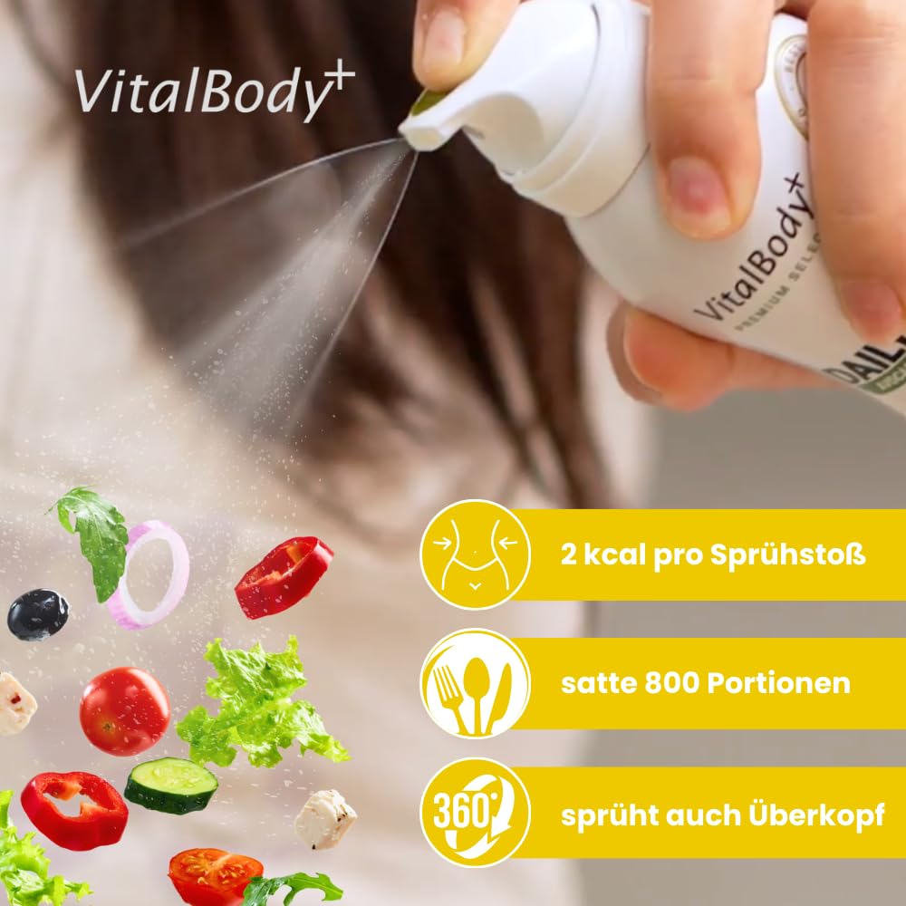 Detalle de VitalBody+ DailySpray 4er Pack – Rapsölspray zum Braten, Grillen & Backen (2 kcal pro Sprühstoß, 800 Portionen pro Flasche, laborgeprüft)