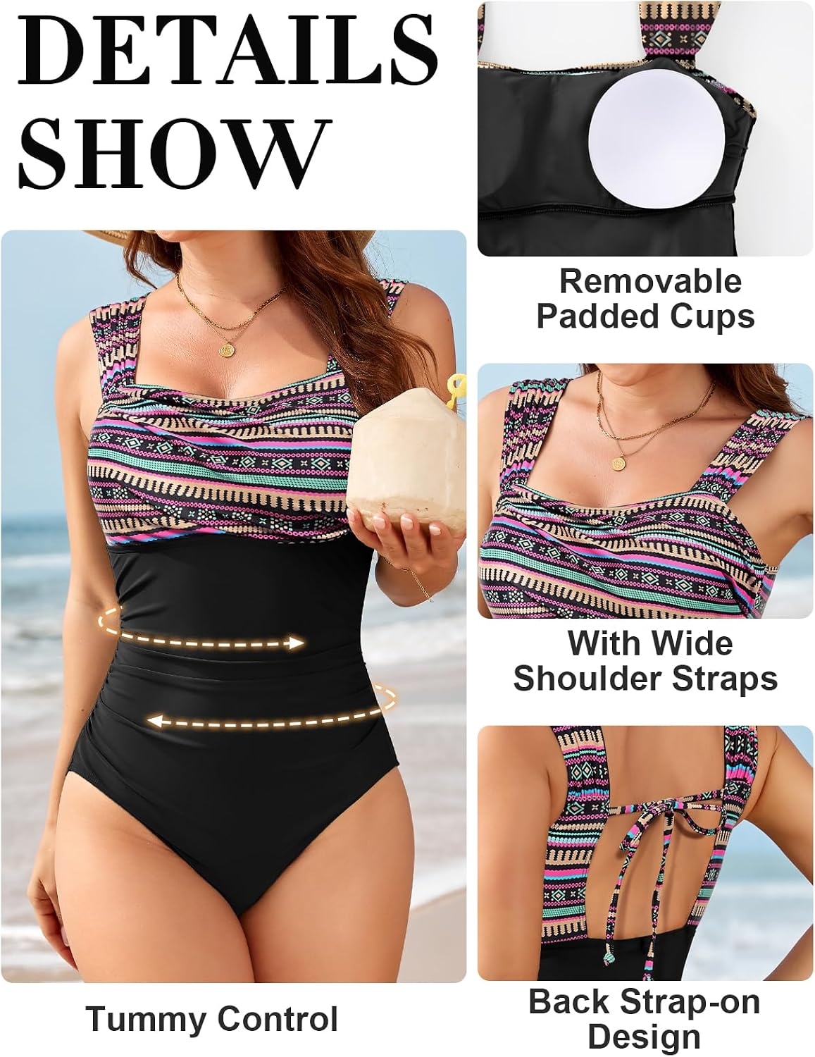 Thumbnail 3 de Costume da bagno intero donna UMIPUBO modellante con coppe, tiranti larghi e pieghe in vita