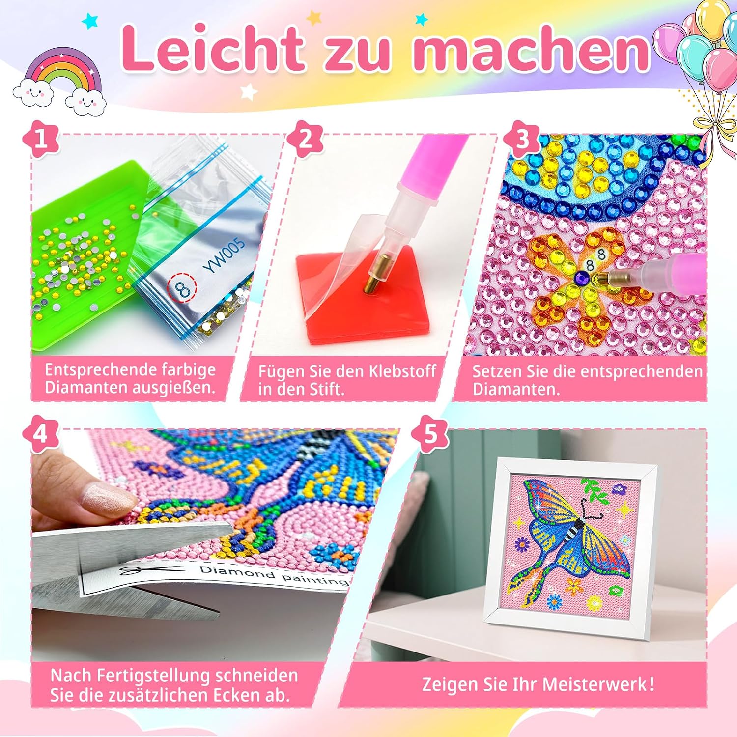 Detalle de jieyisier Motte Luna Diamond Painting 15x15 cm mit Holzrahmen – Bunte Schmetterlinge, Anfängerfreundlich