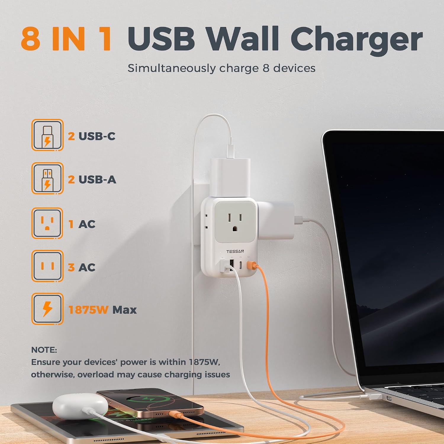 Thumbnail 3 de TESSAN TS-WS06US00 Wall Outlet Extender, 4 AC Outlets, 4 USB Ports