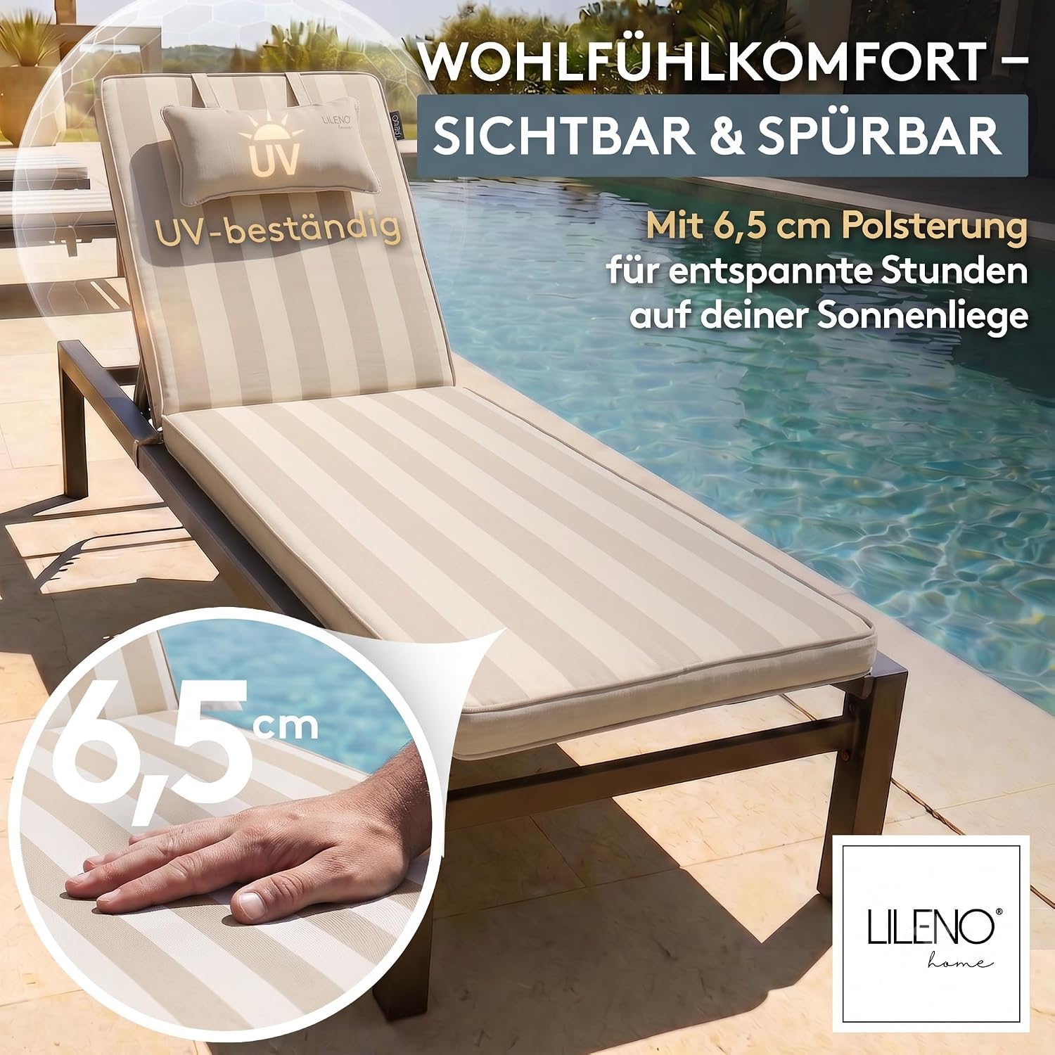 Thumbnail 1 de LILENO HOME Sonnenliege Auflage mit Kopfkissen – 1er Set in Blockstreifen Beige