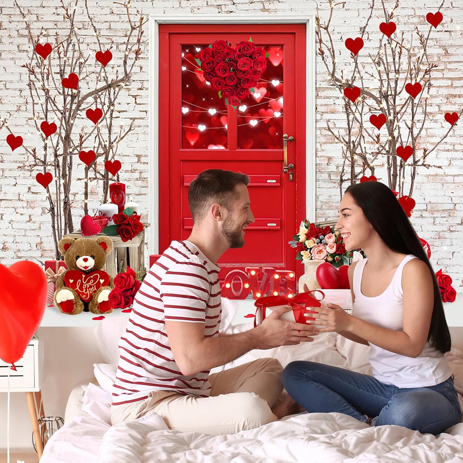 Thumbnail 1 de Avezano Valentine's Day Backdrop 7ft x 5ft – Red Rose Shop on White Brick Wall