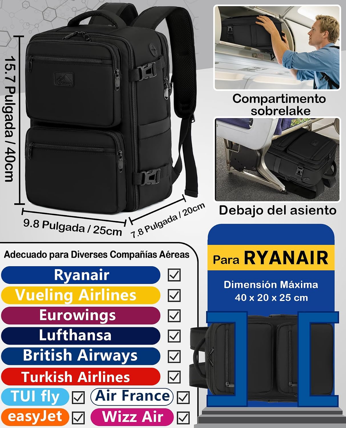 Detalle de LYNXCHER Mochila Viaje Cabina Avión 40x20x25