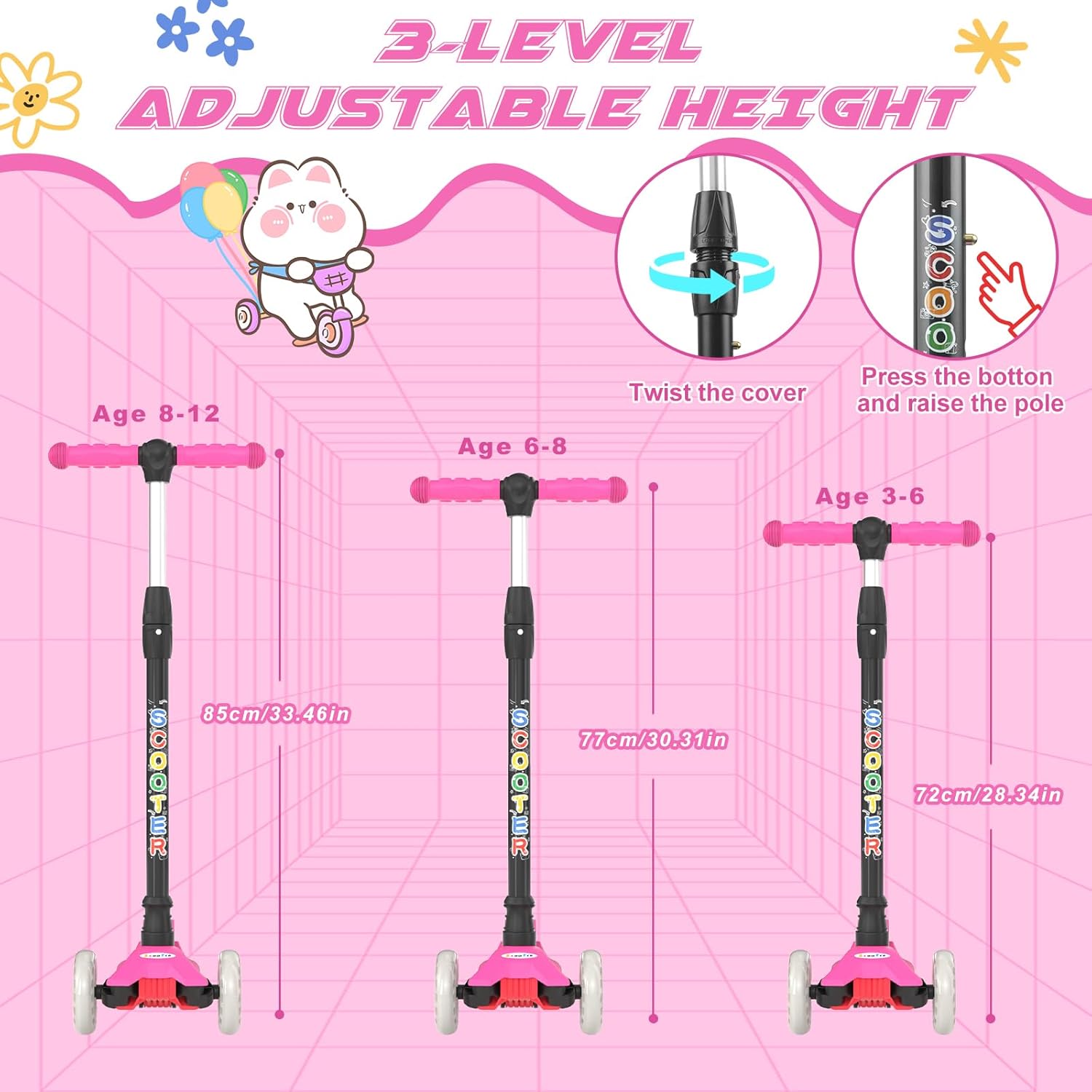 Thumbnail 1 de KORIMEFA 3 Wheel Kids Scooter (Age 3-12) with Adjustable Height, Light-up Wheels and Lean-to-Steer