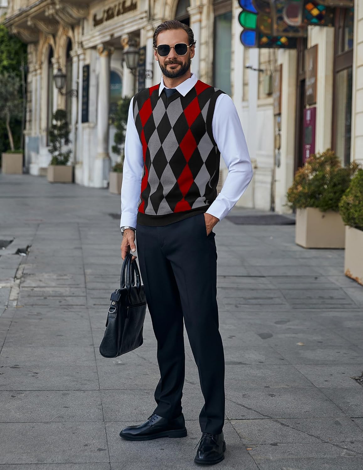Detalle de COOFANDY Men's Argyle Sweater Vest, Slim Fit V-Neck Knit