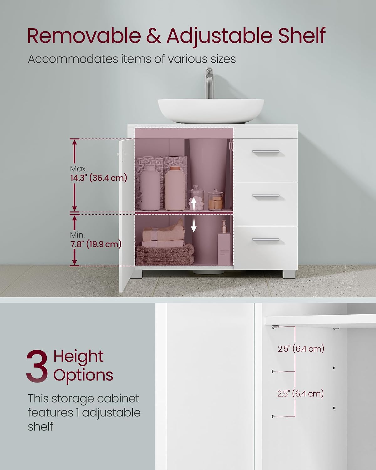 Thumbnail 3 de VASAGLE Under Sink Bathroom Cabinet, 30 x 60 x 64 cm, Cloud White BBK514WB01
