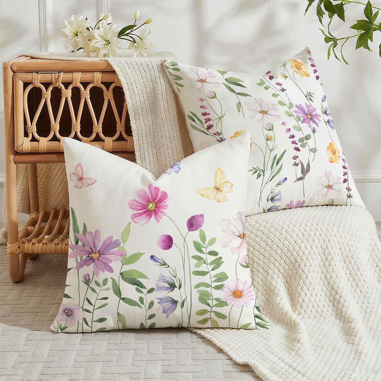 Detalle de Avalune Kissenbezug 50x50 cm Frühling Leinenoptik – Blumen Rosa/Grün, 2er Set